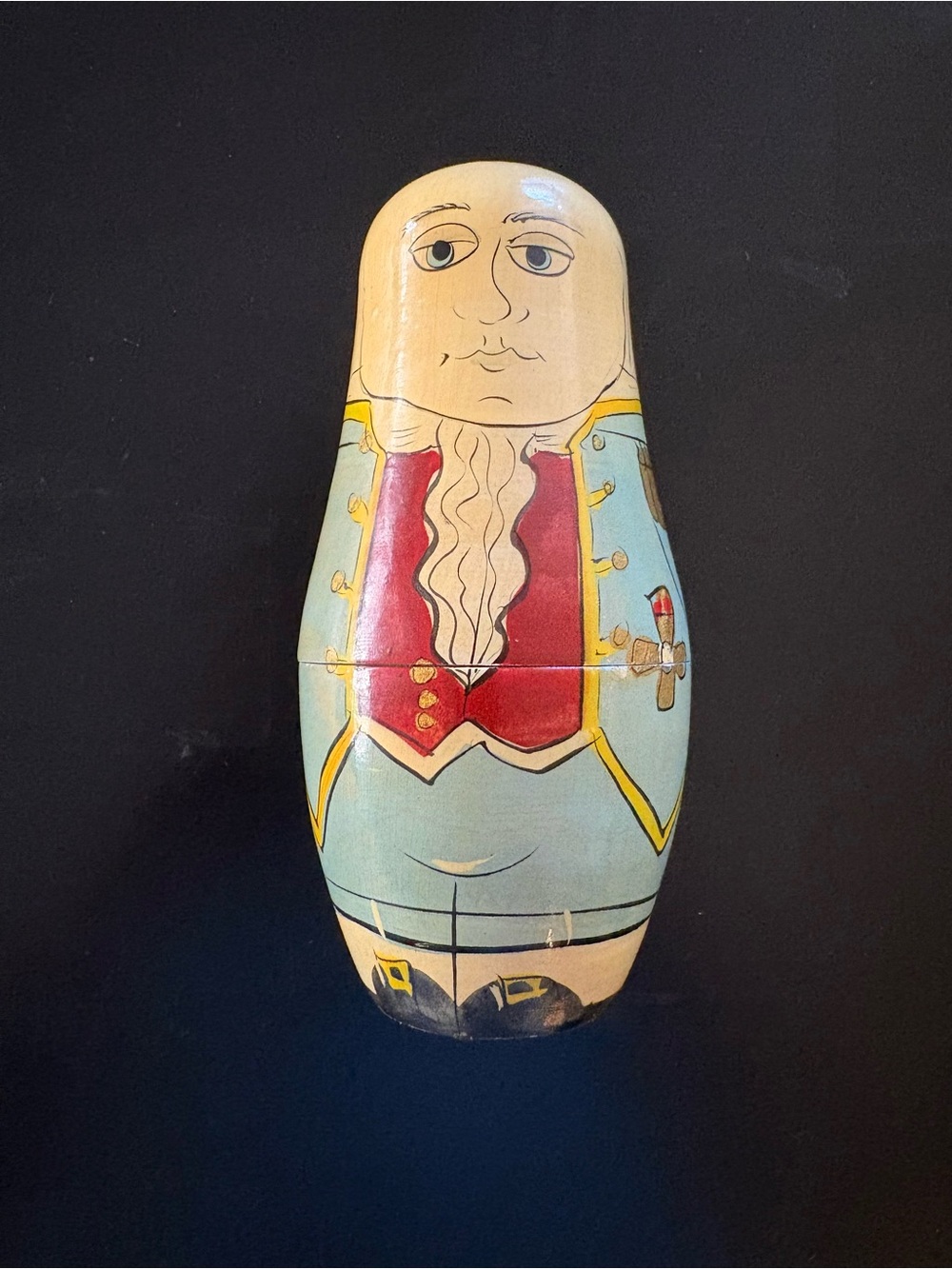 Vintage Hand-Painted Wooden Nesting Doll in Light Blue and Red